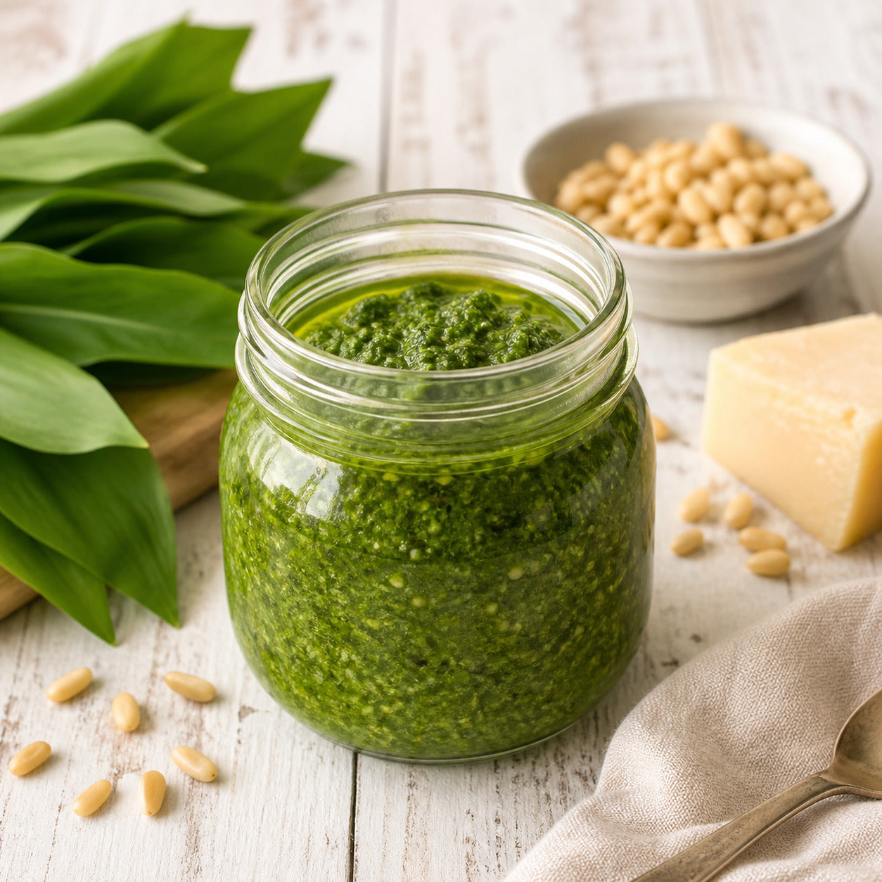 Bärlauchpesto mit dem Thermomix®* zubereitet im Schraubglas mit frischem Bärlauch by fitgemixt