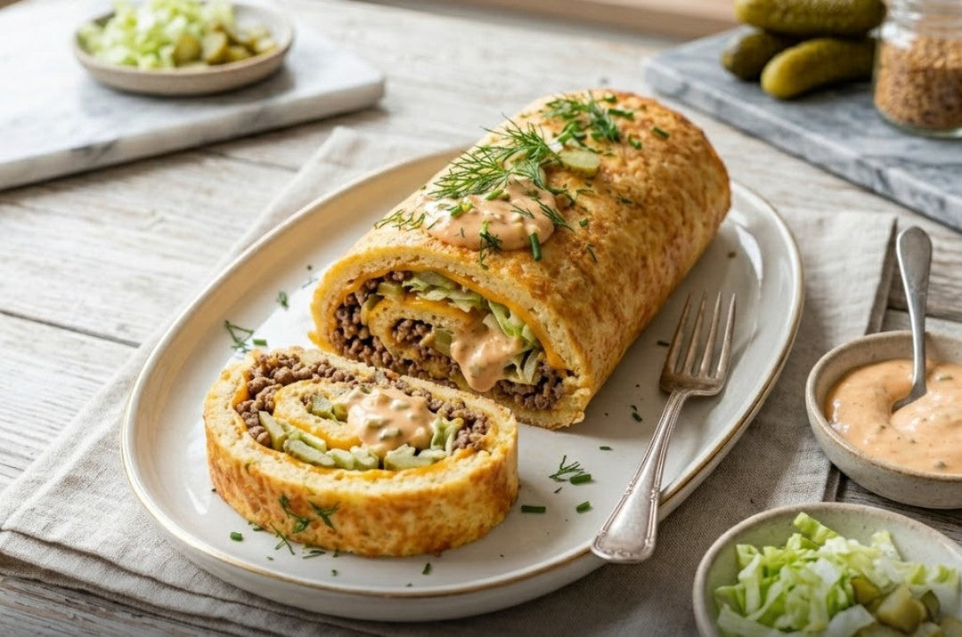 Kult Big Mac Rolle aus dem Thermomix®* zubereitet als Low Carb Variante mit Käseteig und Hackfleisch by fitgemixt