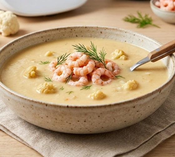 Kalorienarme Blumenkohlsuppe im Thermomix®* – kostenloses fitgemixt Rezept, cremige Low-Carb-Suppe mit Krabben, Schmelzkäse und Möhren, in 40 Minuten fertig
