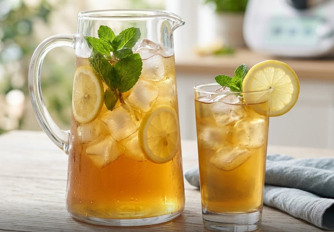 Zitronen Eistee aus dem Thermomix®* zubereitet als zuckerfreies Sommergetränk mit frischer Minze by fitgemixt