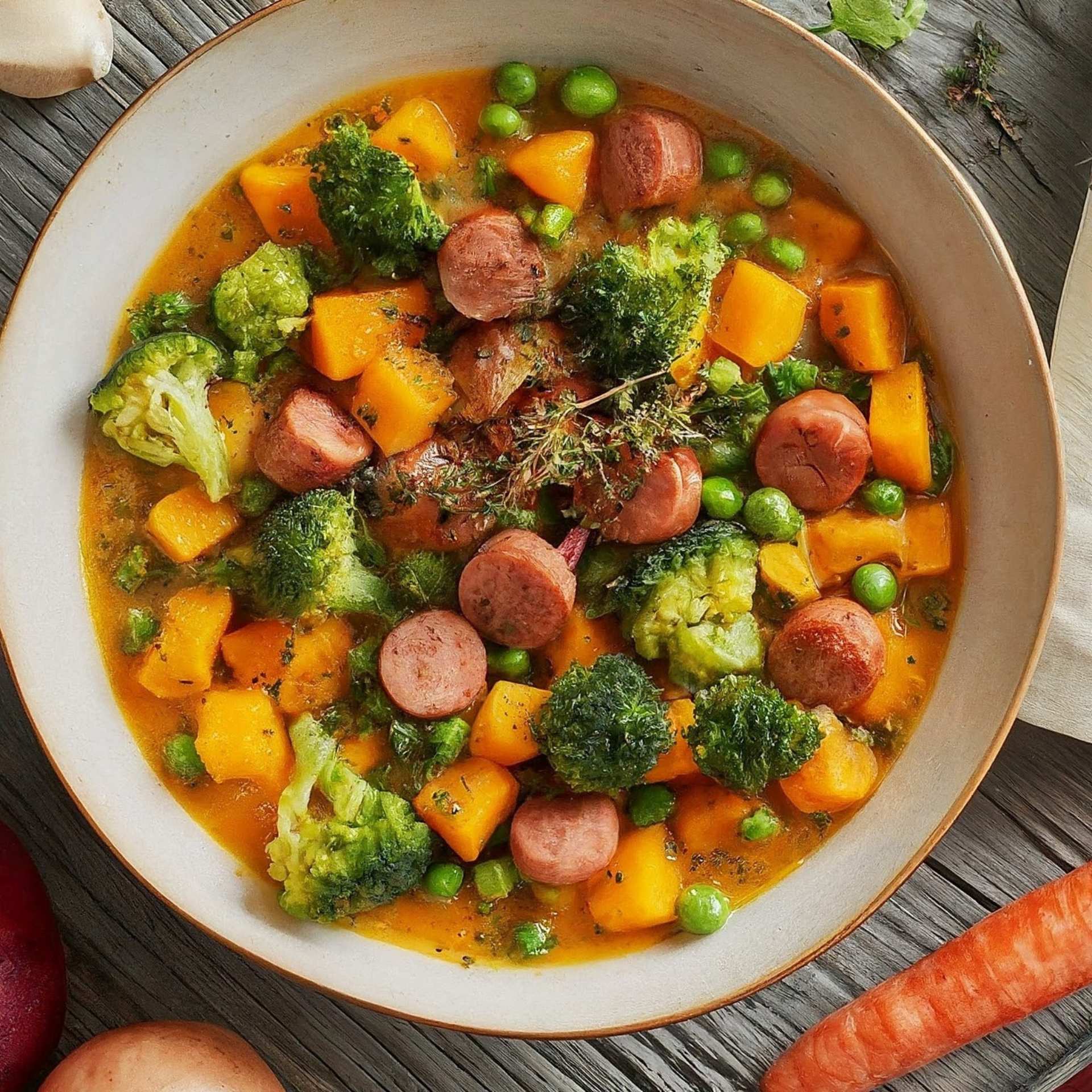 Gemüseeintopf mit Kartoffeln und Würstchen im Thermomix®*