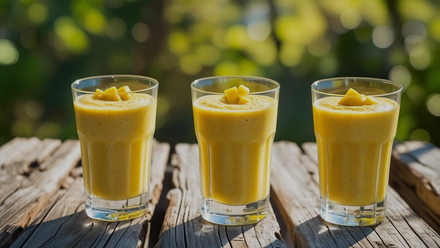 Mango-Bananen-Smoothie im Thermomix®* zubereitet im Glas mit leckeren Mangostückchen by fitgemixt