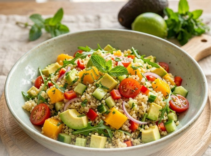 Quinoa-Avocado-Salat aus dem Thermomix®* zubereitet mit Mango, Cherrytomaten und Limetten Dressing by fitgemixt
