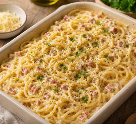 Spaghetti Carbonara Thermomix®*-optimiert – kostenloses fitgemixt Rezept, leichte Variante ohne Sahne mit Creme fine, One Pot aus dem Ofen, ca. 620 kcal pro Portion