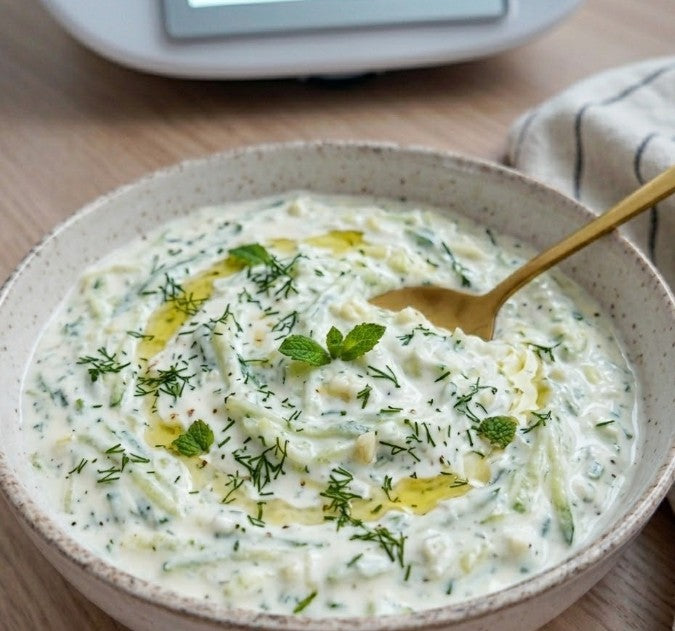 Zaziki im Thermomix®* – kostenloses fitgemixt Rezept, cremiger Tzatziki mit Magerquark, Gurke und Knoblauch, kalorienarm in unter 5 Minuten