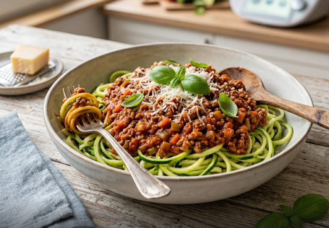 Zucchini-Nudeln aus dem Thermomix®* mit aromatischer Bolognese-Sauce als Low Carb Pasta Variante by fitgemixt