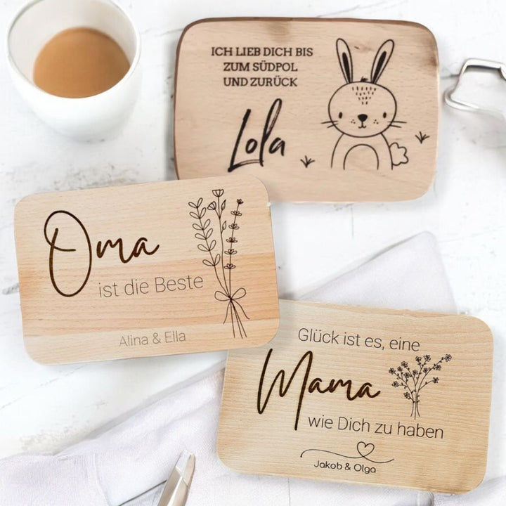 Frühstücksbrettchen personalisiert Name und Bild – einzigartiges Geschenk, verfügbar im fitgemixt Onlineshop.