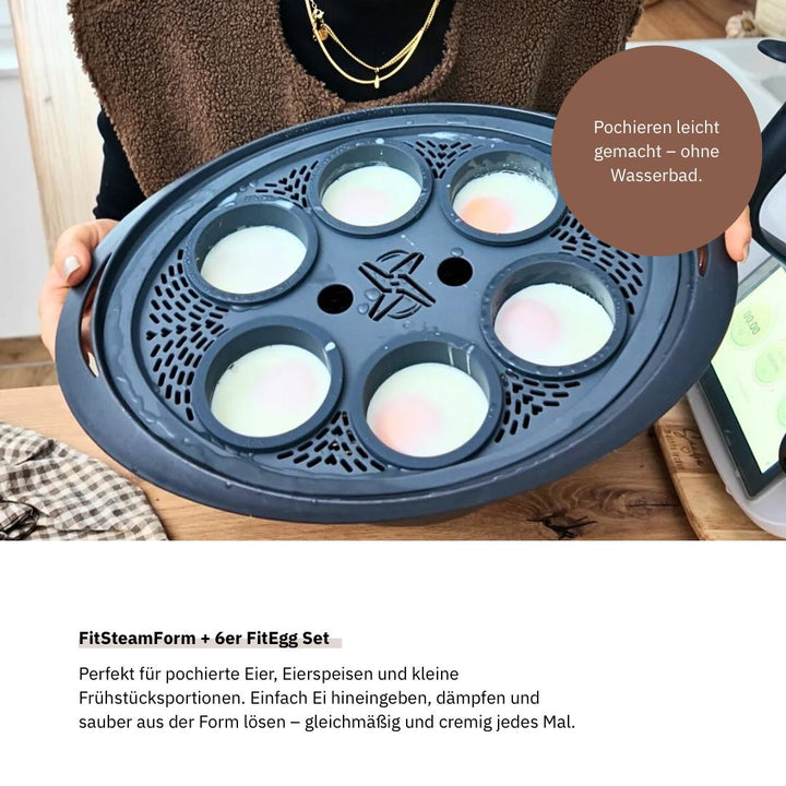 Alternative zu Vorwerk Thermomix® Zubehör – FitSteamForm und FitEgg im Einsatz. Jetzt im fitgemixt Shop kaufen.