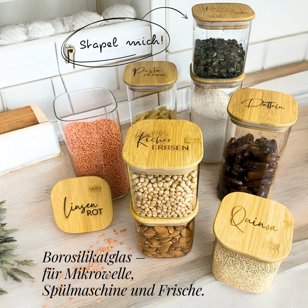 Aufbewahrungsbox aus Glas mit hochwertig, nachhaltigem und gravierbarem Bambusdeckel – jetzt im fitgemixt Shop kaufen