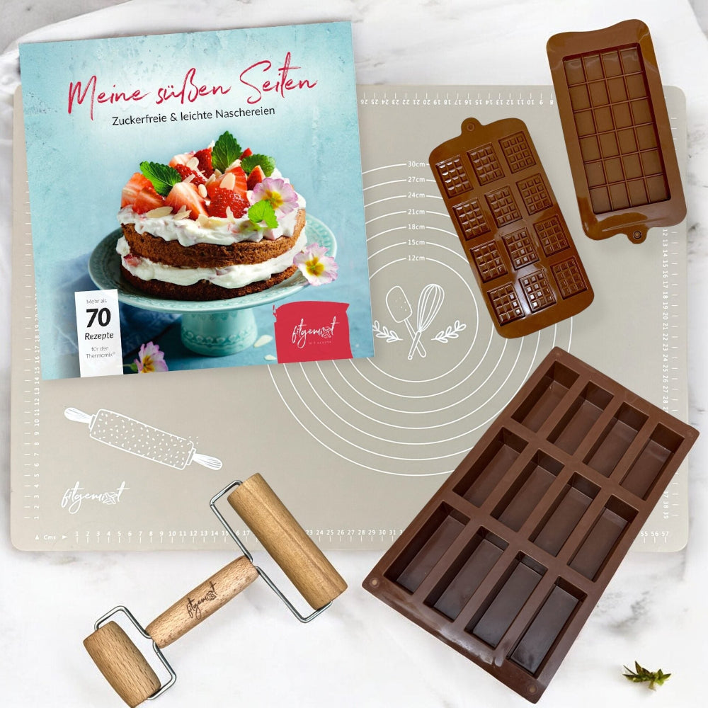 Backglück Premium Set kaufen – exklusives Backset mit Teigroller & Silikonmatte von fitgemixt