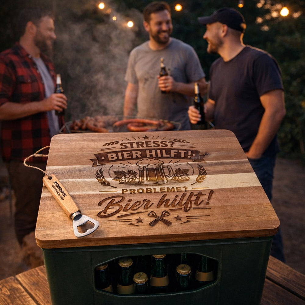 Bierkasten-Geschenk aus Akazienholz sowie personalisiert als praktisches Camping-Geschenk, den Männerabend oder die Grillparty bestellen bei fitgemixt