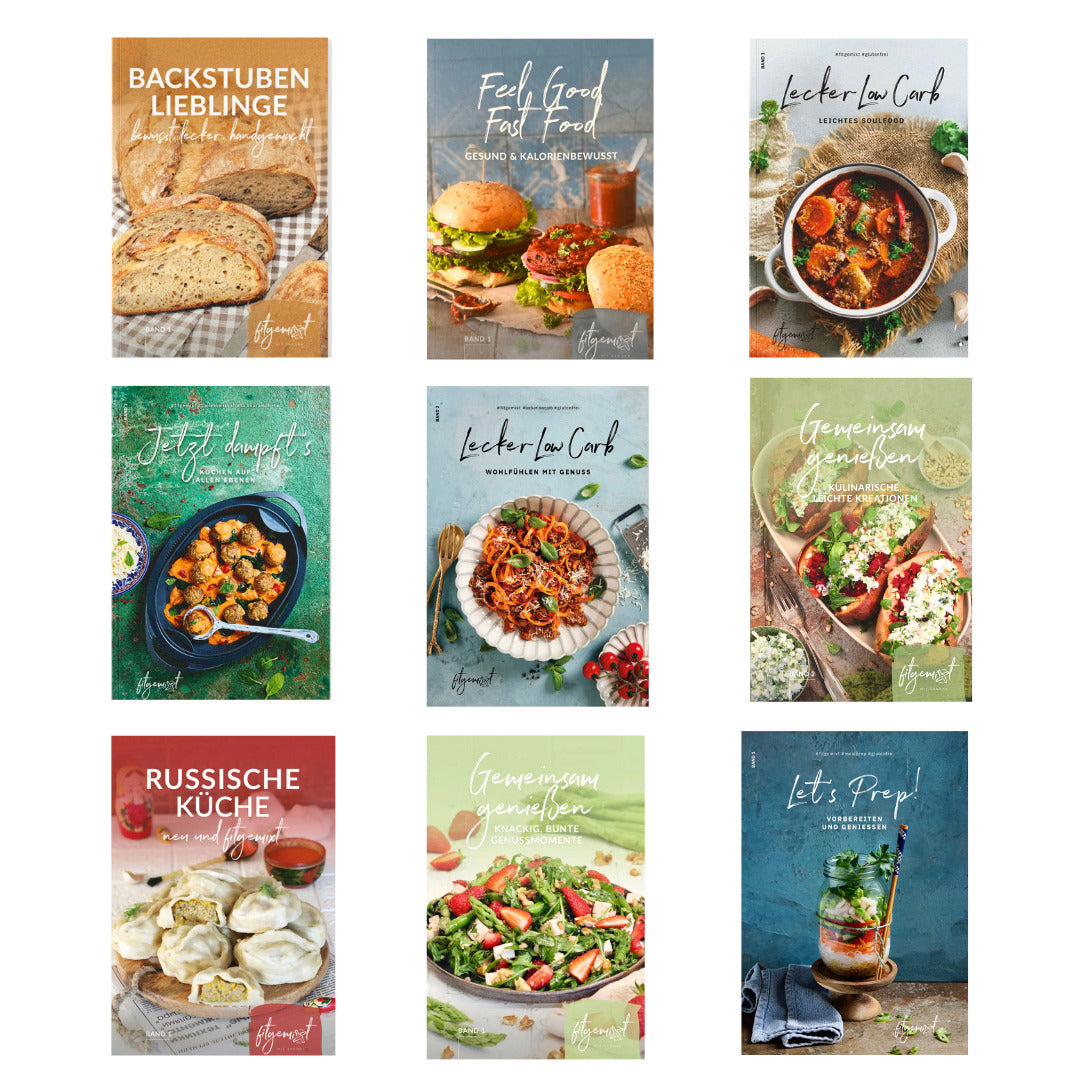 Alle 9 herzhaften Bücher für den Thermomix®* von fitgemixt mit rund 330 Rezepten für Brot, Low Carb, Meal Prep und Party, jetzt als Kochliebe Set sichern