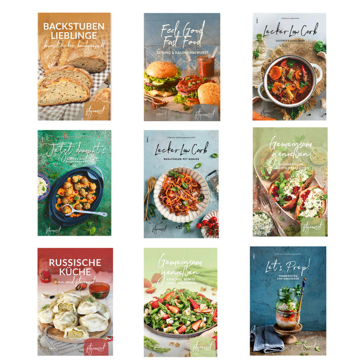 Alle 9 herzhaften Bücher für den Thermomix®* von fitgemixt mit rund 330 Rezepten für Brot, Low Carb, Meal Prep und Party, jetzt als Kochliebe Set sichern