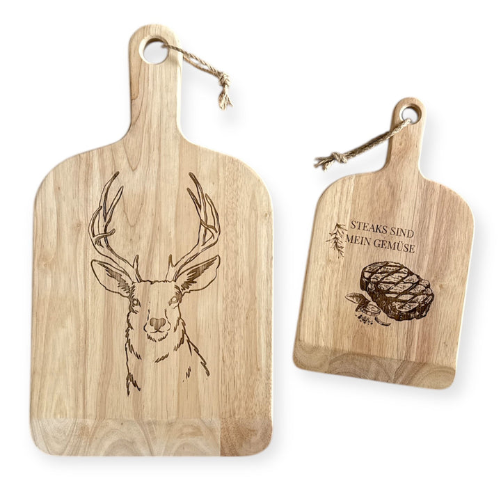 Eiche Schneidebrett mit Gravur in zwei Größen als ideal personalisierbares Geschenk für Küche und Grillfans im fitgemixt Shop