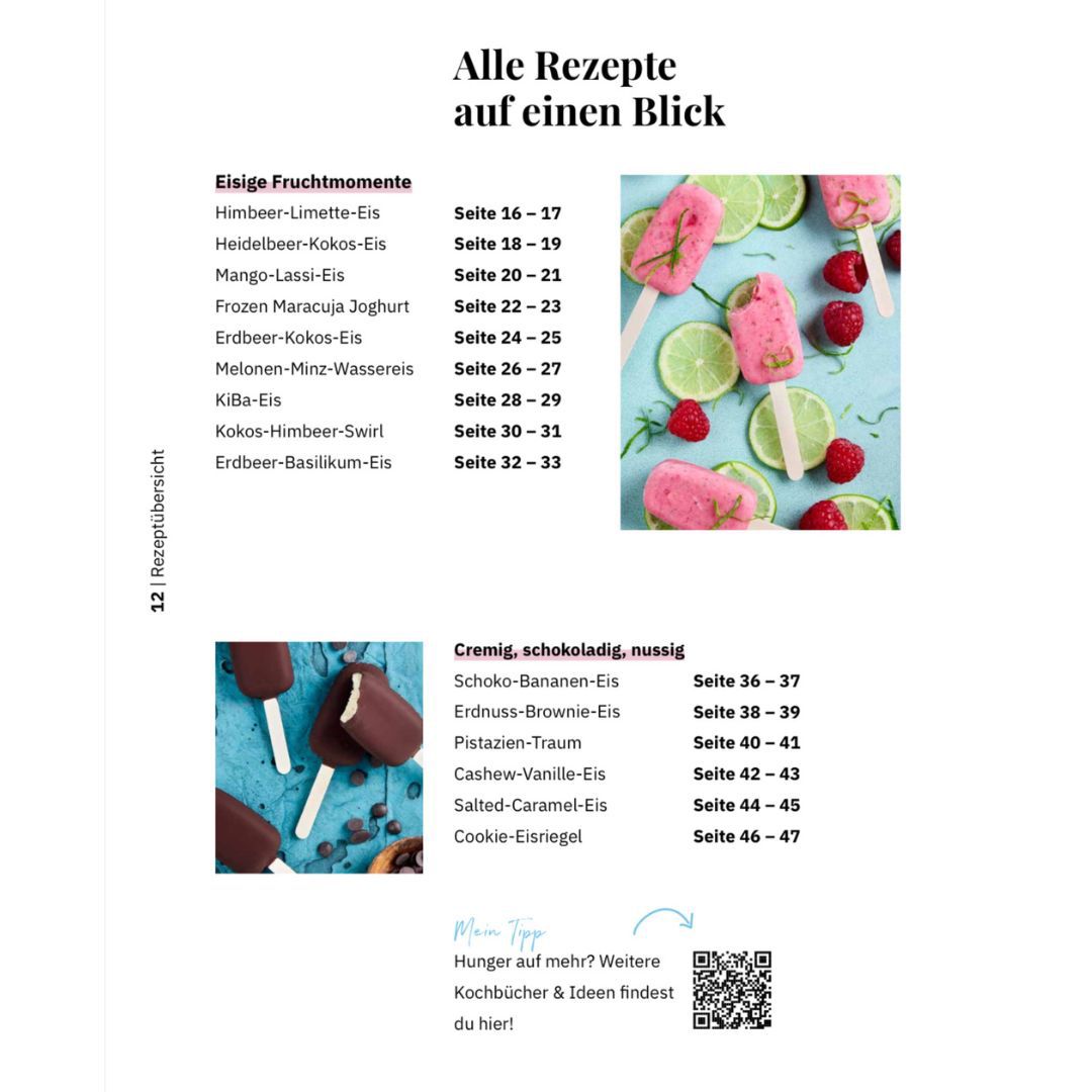 Übersicht beliebter Sorten wie Schoko-Bananen- und Erdbeer-Limetten-Eis – sichere dir jetzt das Buch mit jedem Eis-Rezept Thermomix®*.