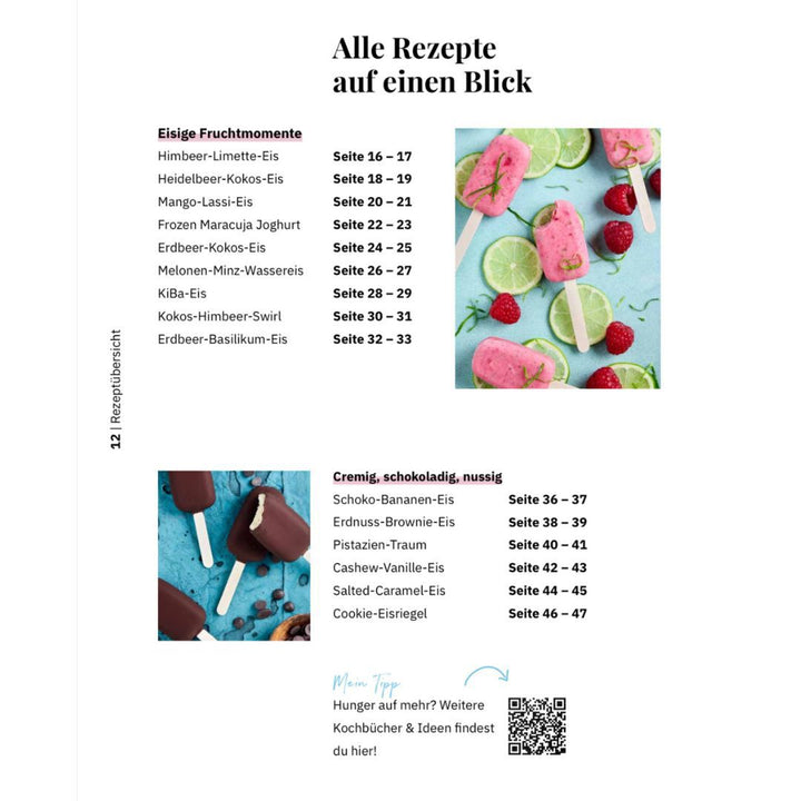 Übersicht beliebter Sorten wie Schoko-Bananen- und Erdbeer-Limetten-Eis – sichere dir jetzt das Buch mit jedem Eis-Rezept Thermomix®*.