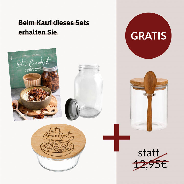Das praktische und vollumfängliche Frühstücks-Set mit Vorrats- & Meal Prep Gläsern sowie Rezeptbuch von fitgemixt