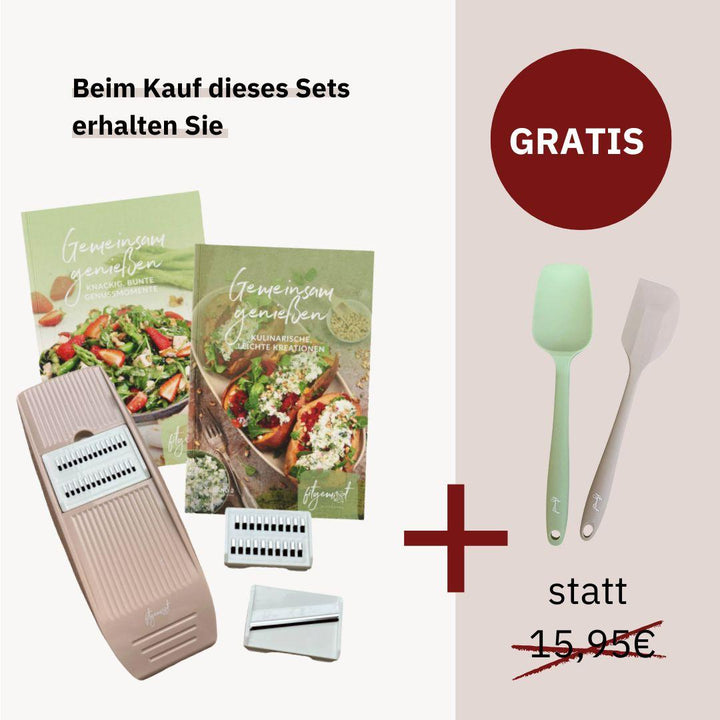 Genießen Set mit „Gemeinsam genießen“ Band 1 und 2, 3-in-1 Küchenreibe und gratis Silikonspatel 2er Set für fitgemixt-konzipierte Thermomix®* Partyrezepte jetzt hier im Shop bestellen