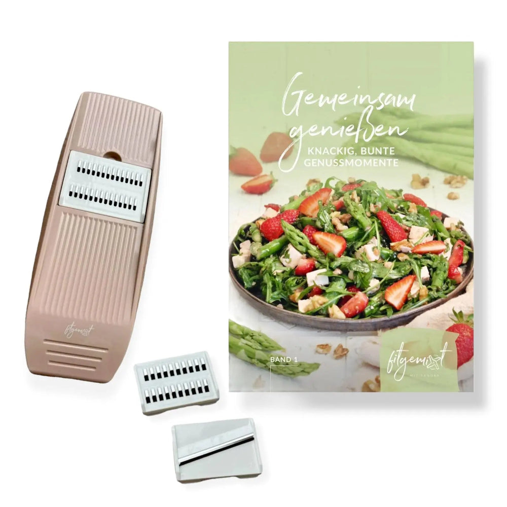 Genussmomente Starter Set Band 1 – 3-in-1 Küchenreibe und Partyrezeptbuch Gemeinsam Genießen passend für Thermomix®* von fitgemixt