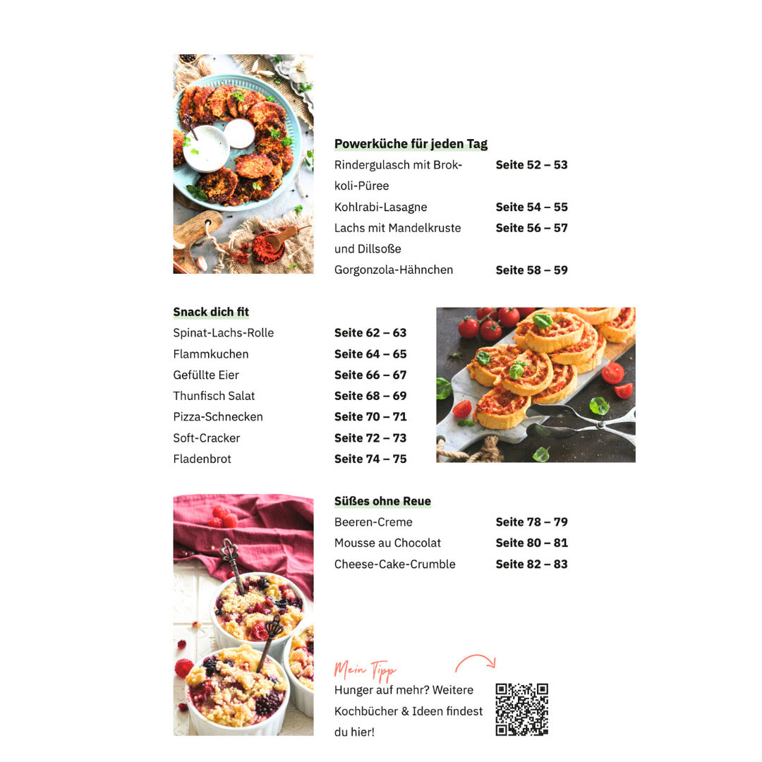 Inhaltsverzeichnis für das fitgemixte Thermomix® Low Carb Kochbuch "Lecker, Low Carb". Hier bestellen