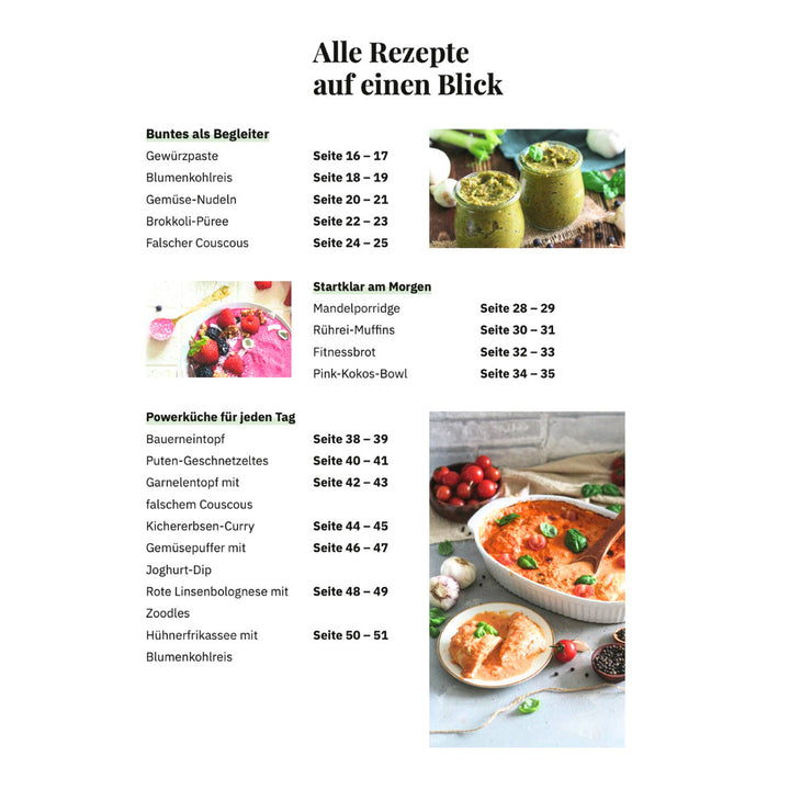 Inhaltsangabe für das fitgemixte Thermomix® Low Carb Kochbuch "Lecker, Low Carb". Hier bestellen