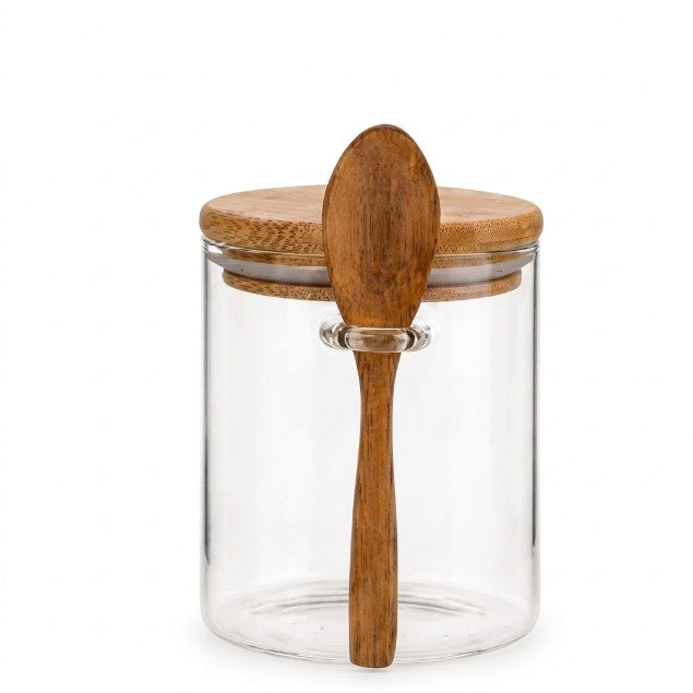Meal Prep Glas mit Holzdeckel und integriertem Holzlöffel für Gewürze von fitgemixt