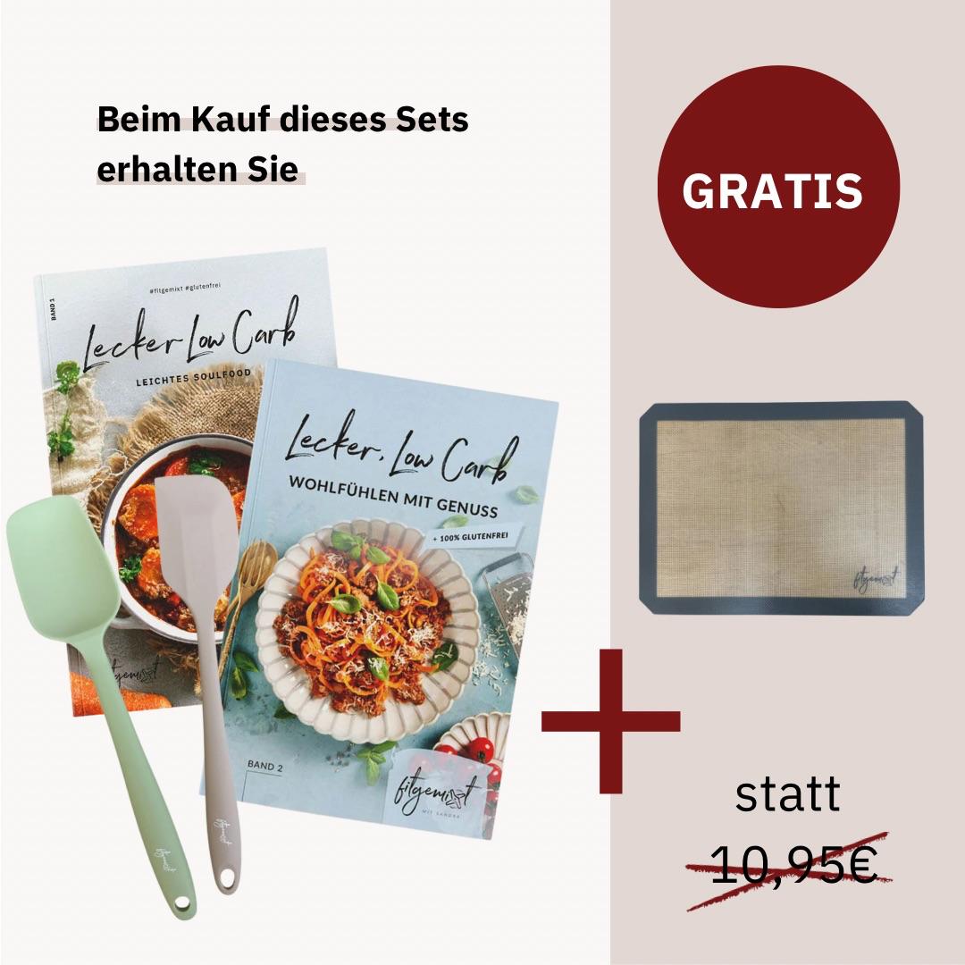 Jetzt das Low Carb Set von fitgemixt mit „Lecker Low Carb“ Band 1 und Band 2 sowie gratis hitzebeständiger Backmatte sichern.