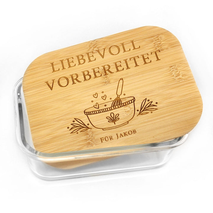 Meal Prep Boxen Glas eckig mit Bambusdeckel & Gravurwunsch