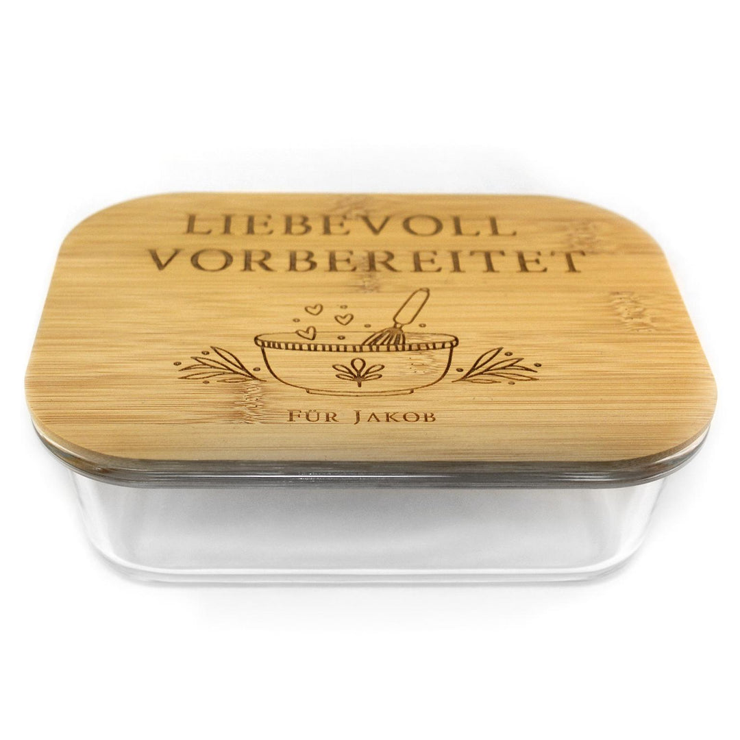 Meal Prep Boxen Glas eckig mit Bambusdeckel & Gravurwunsch