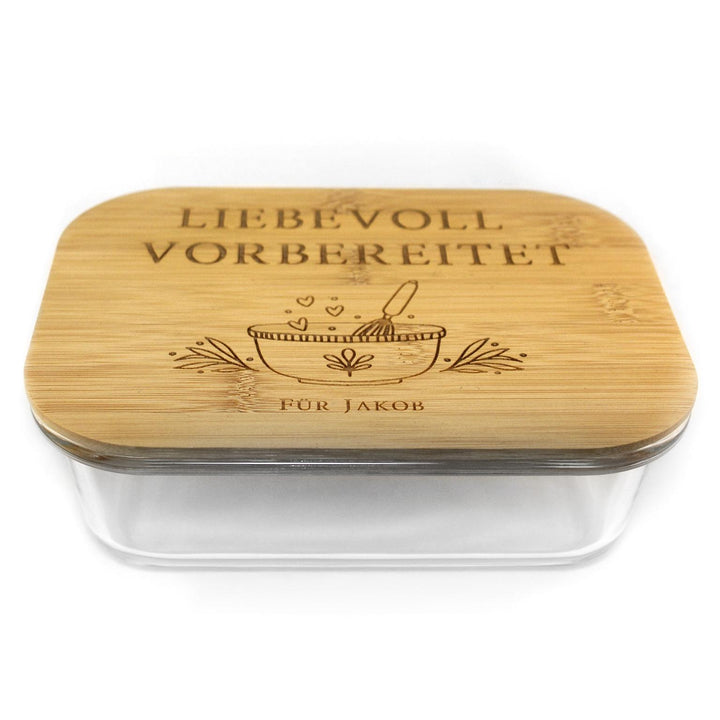 Meal Prep Boxen Glas eckig mit Bambusdeckel & Gravurwunsch