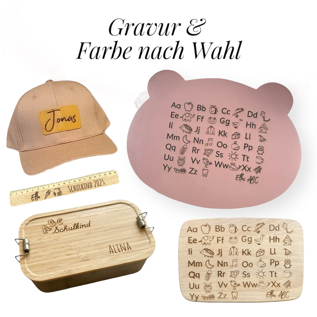 5 liebevoll personalisierte Produkte zur Einschulung: Lineal, Lunchbox, Brett, Tischset & Cap. Praktisch, emotional & hochwertig nur bei fitgemixt