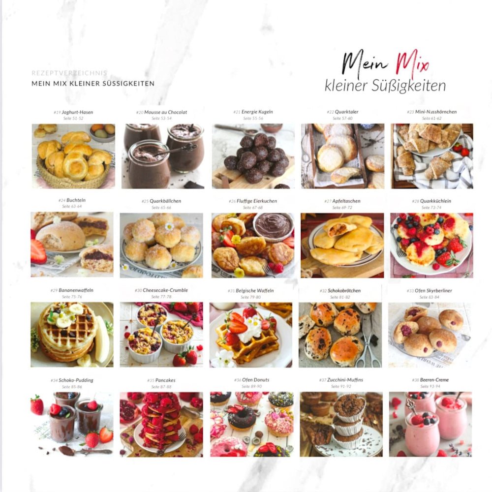 Rezeptübersicht "Mein Mix kleiner Süßigkeiten" aus dem Backbuch "Süß bin ich" – jetzt im Fitgemixt-Shop kaufen