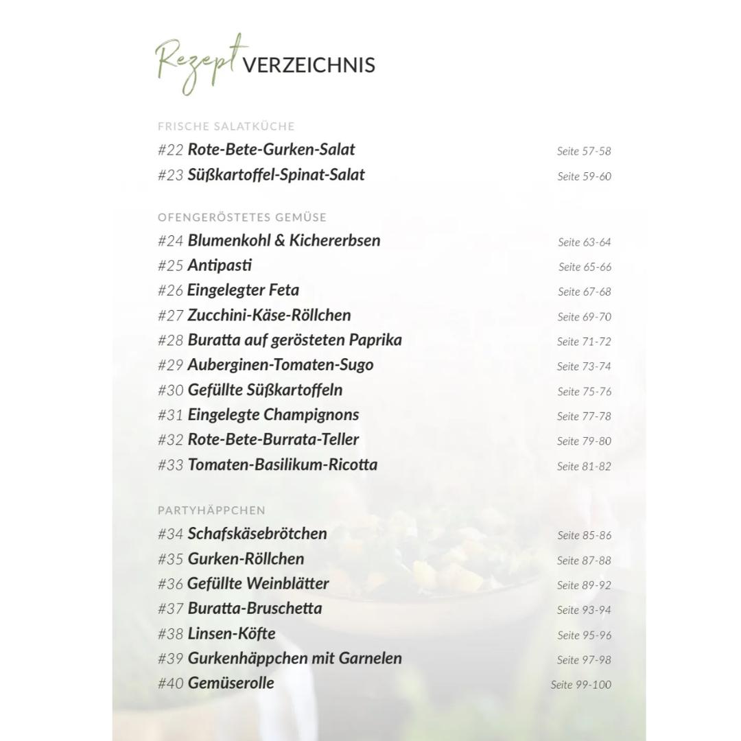 Thermomix®* Rezeptübersicht aus ‚Gemeinsam genießen Band 2‘ mit Salaten, Antipasti & Fingerfood – jetzt im fitgemixt Shop erhältlich.