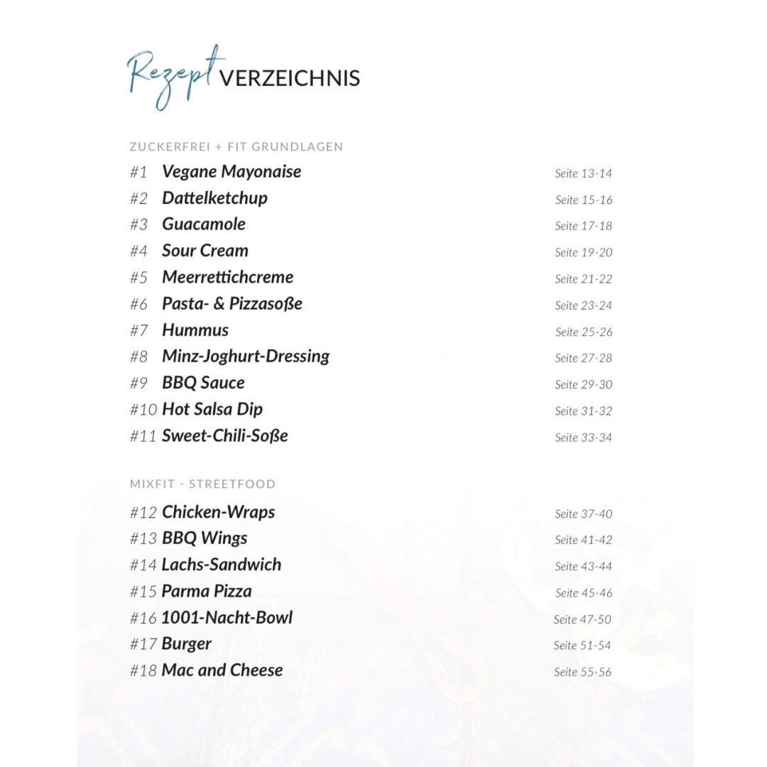 Rezeptverzeichnis des Diät-Rezeptbuchs Feel Good Fast Food von Fitgemixt mit zuckerfreien und fitten Grundlagen sowie Mixfit-Streetfood