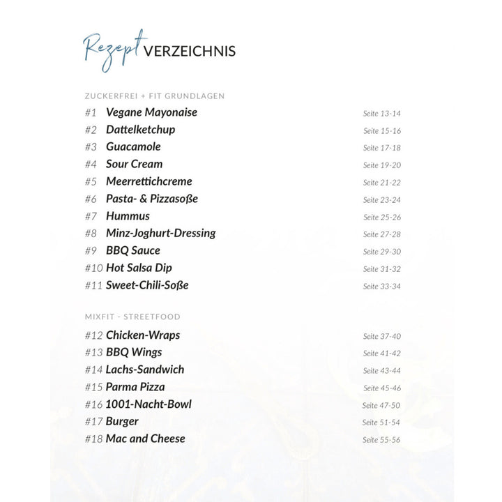 Rezeptverzeichnis des Diät-Rezeptbuchs Feel Good Fast Food von Fitgemixt mit zuckerfreien und fitten Grundlagen sowie Mixfit-Streetfood