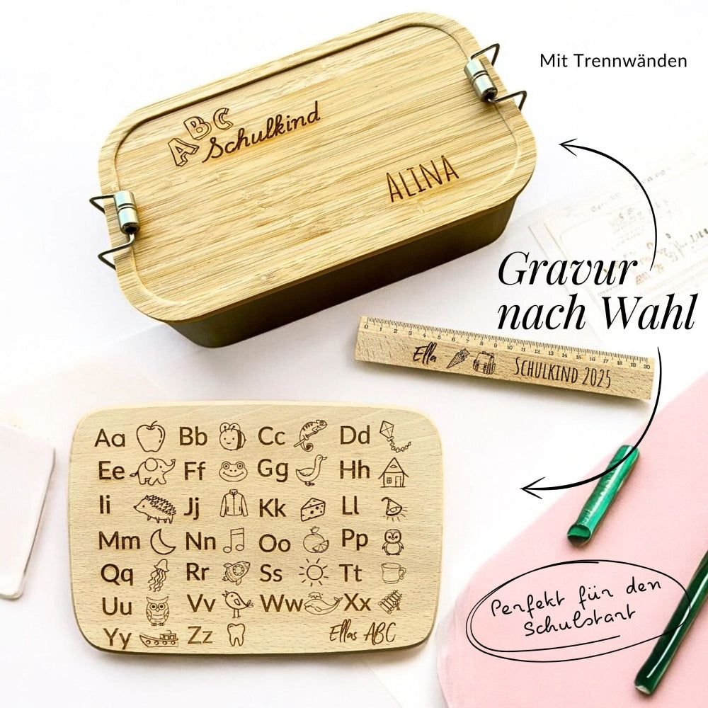 Personalisiertes Schulstart-Set mit Lineal, Lunchbox & Brett. Ideal zur Einschulung – mit Name & Motiv graviert. Jetzt bei fitgemixt entdecken!