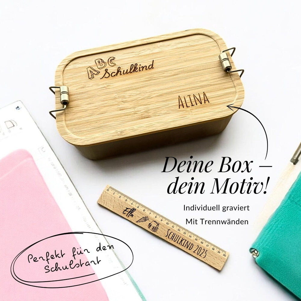 Zwei Lieblingsstücke zum Schulbeginn: personalisiertes Lineal & Lunchbox mit Gravur. Ideal für die Schultüte & als Geschenk zur Einschulung