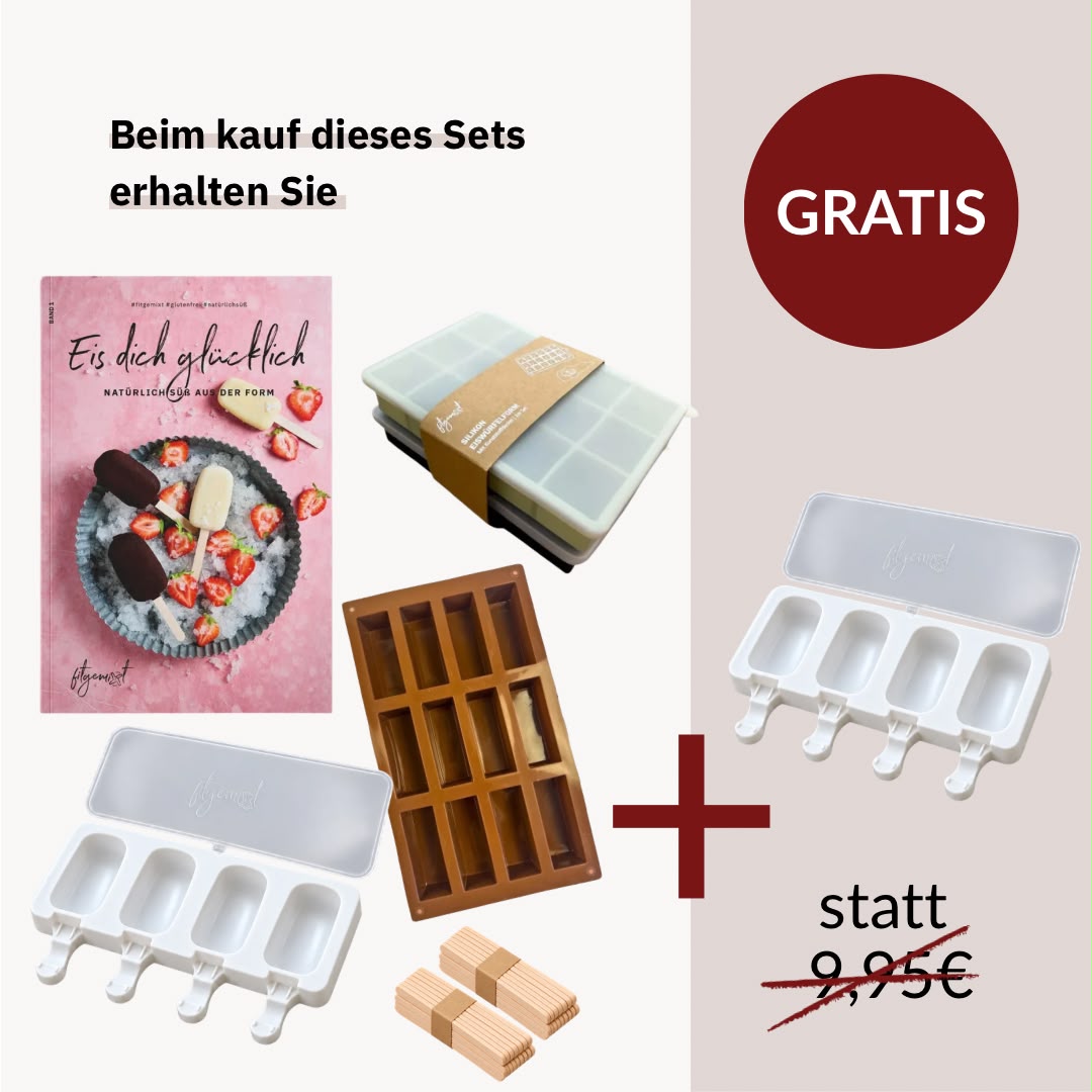 Set für selbstgemachtes Eis mit Rezeptbuch „Eis dich glücklich“, Eisform, Riegelform, Eiswürfelform und Holzstäbchen, dazu eine zweite Eisform gratis