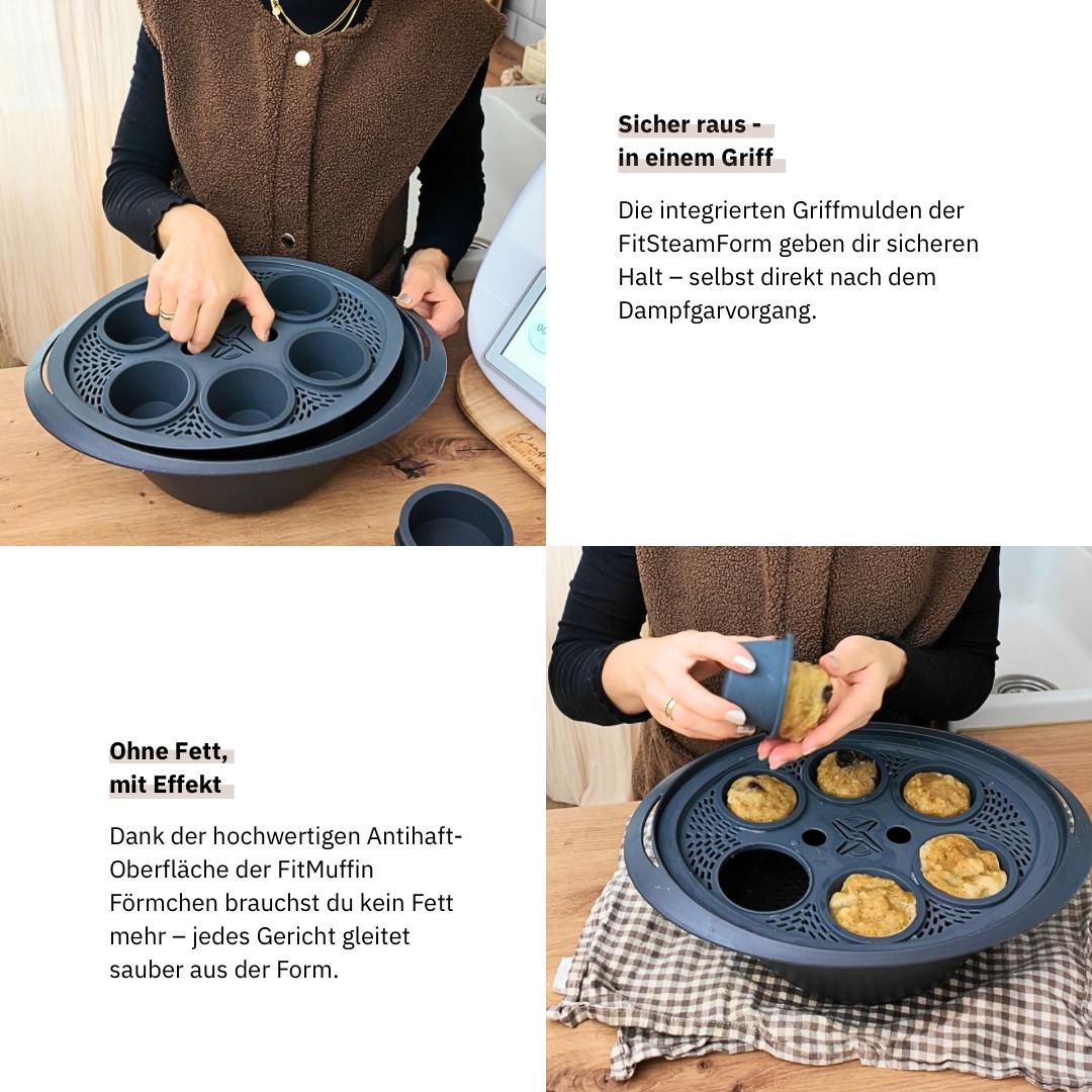 Silikon-Muffinform für Thermomix® – ideal für saftige Muffins im Varoma®. Jetzt FitMuffin im fitgemixt Shop kaufen.
