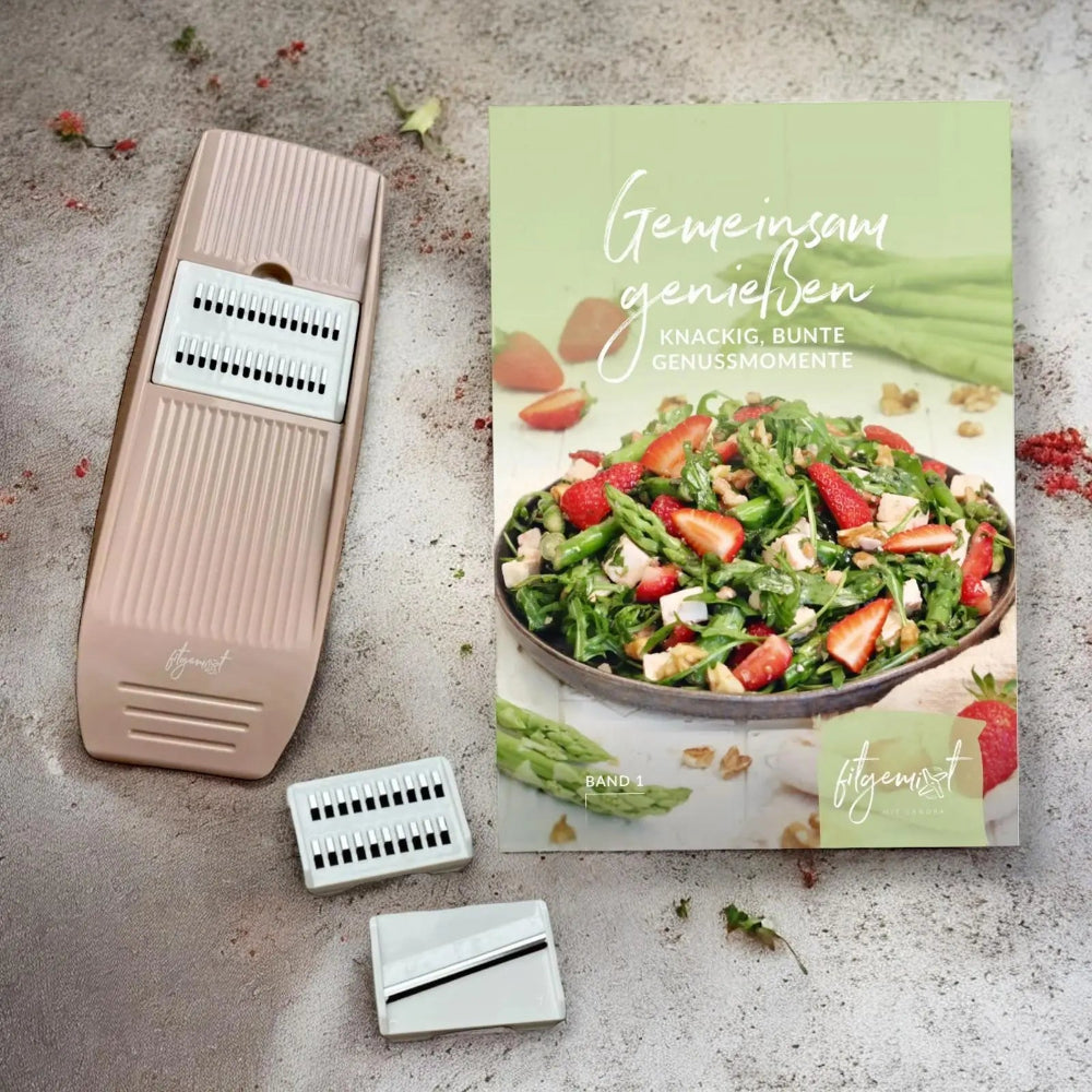 fitgemixt Genussmomente Starter Set mit Küchenreibe 3-in-1 und Partyrezeptebuch Gemeinsam Genießen Band 1 – perfekte Geschenkidee