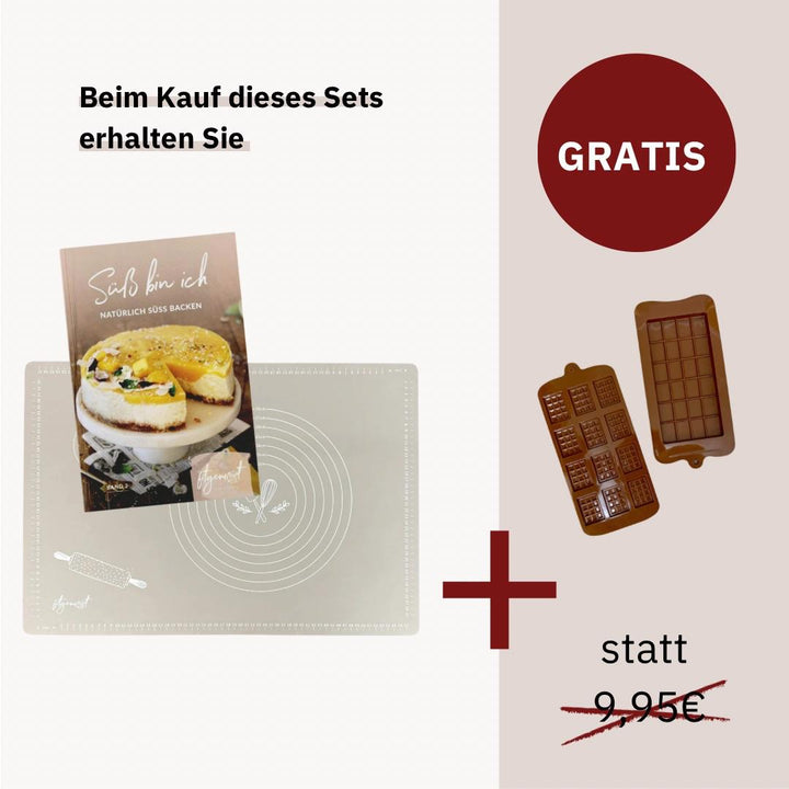 Süßverliebt Set für zuckerfreies Backen mit Thermomix®* Rezepten, Silikonbackmatte und GRATIS 2er Set Schokoladenformen jetzt hier im Shop bestellen.