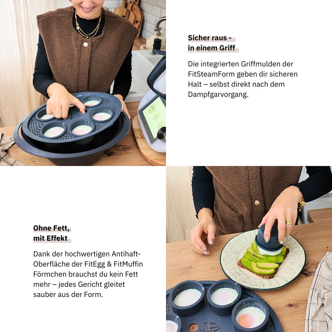 FitSteamForm Kocheinsatz für Thermomix® TM6 – perfekt für Dampfgaren in Portionen. Jetzt FitSteamForm kaufen.