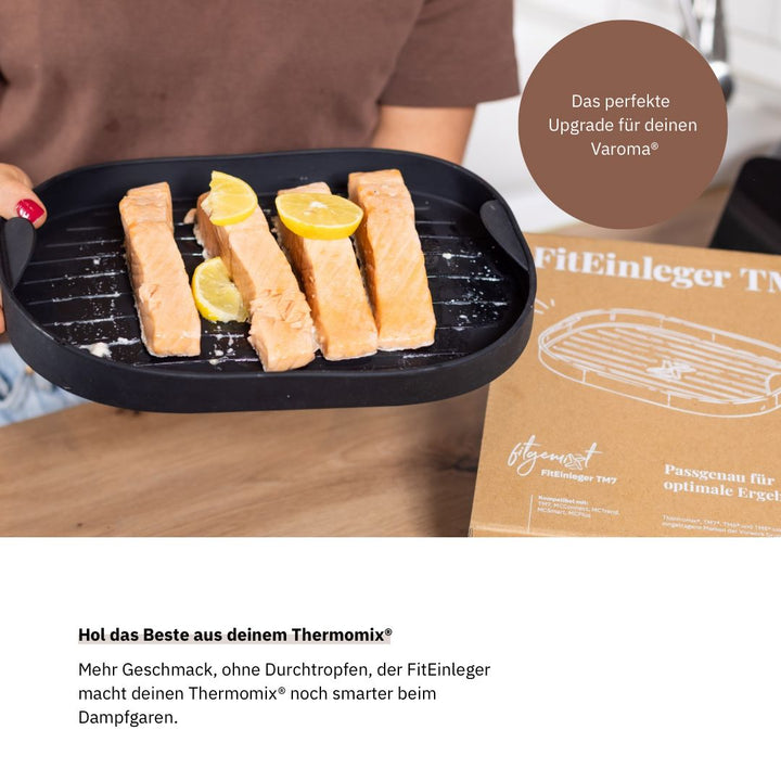 FitEinleger für Thermomix® TM7 – Varoma® Einlegeboden für bessere Ergebnisse beim Dampfgaren. Jetzt im fitgemixt Shop kaufen.