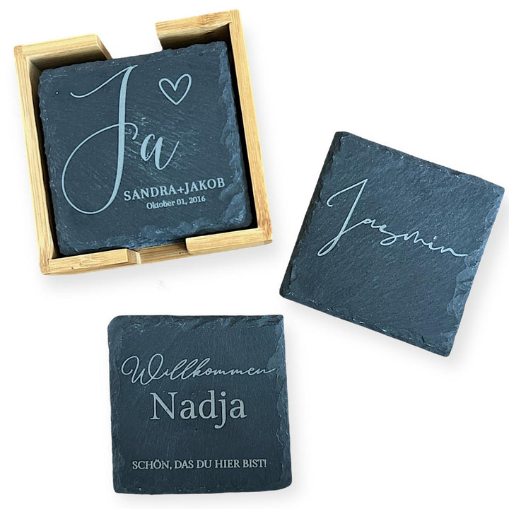 Untersetzer aus Schiefer im Set mit Gravur
