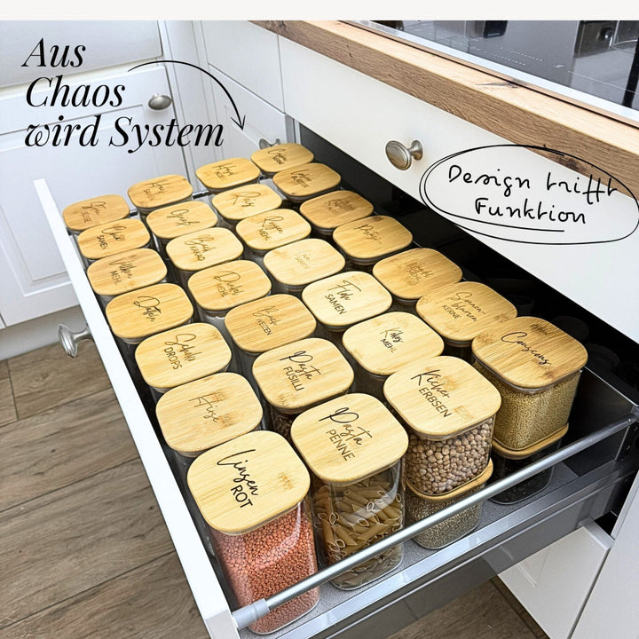 Vorratsdose aus Glas mit Deckel aus nachhaltigem Bambus zur übersichtlichen Küchenorganisation in der Schublade – erhältlich im fitgemixt Shop