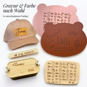5 liebevoll personalisierte Produkte zur Einschulung: Lineal, Lunchbox, Brett, Tischset & Cap. Praktisch, emotional & hochwertig nur bei fitgemixt
